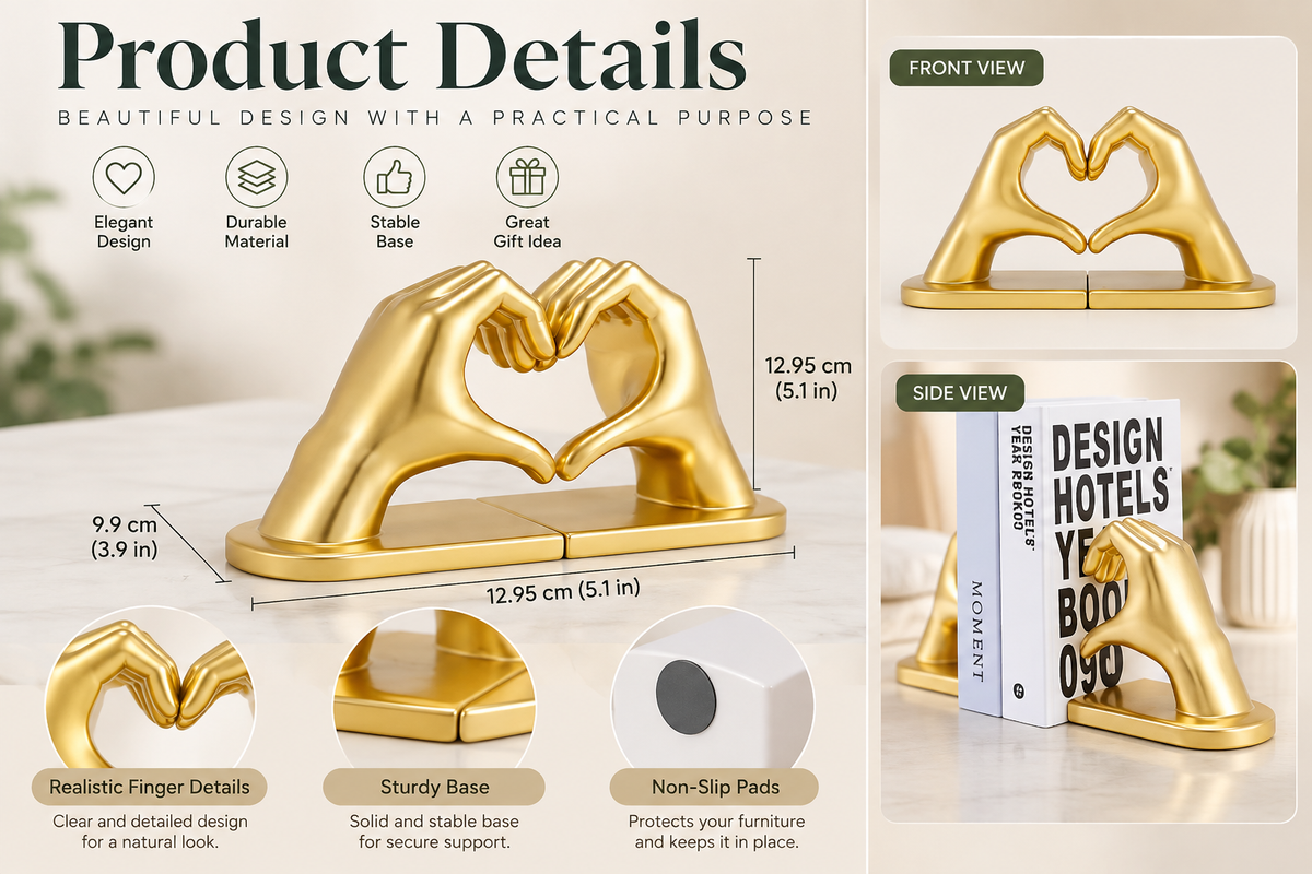 Heart Hands Bookends | Decorative Love Sculpture