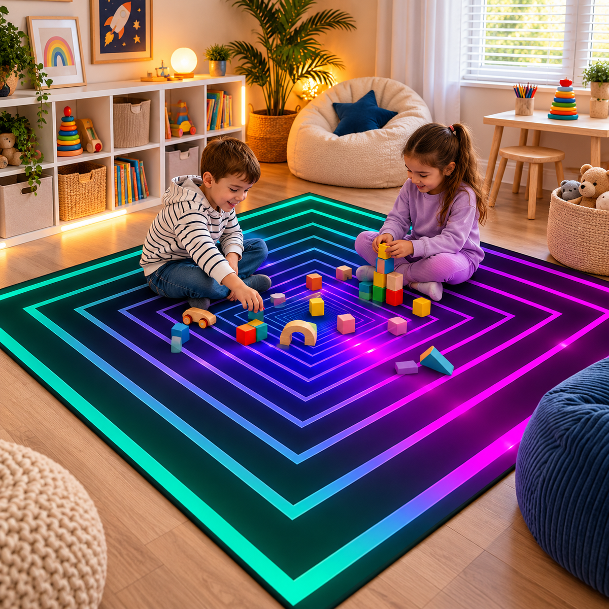 3D Illusion Rug – Neon Geometric Rug for Gaming Rooms, Bedrooms & Playrooms