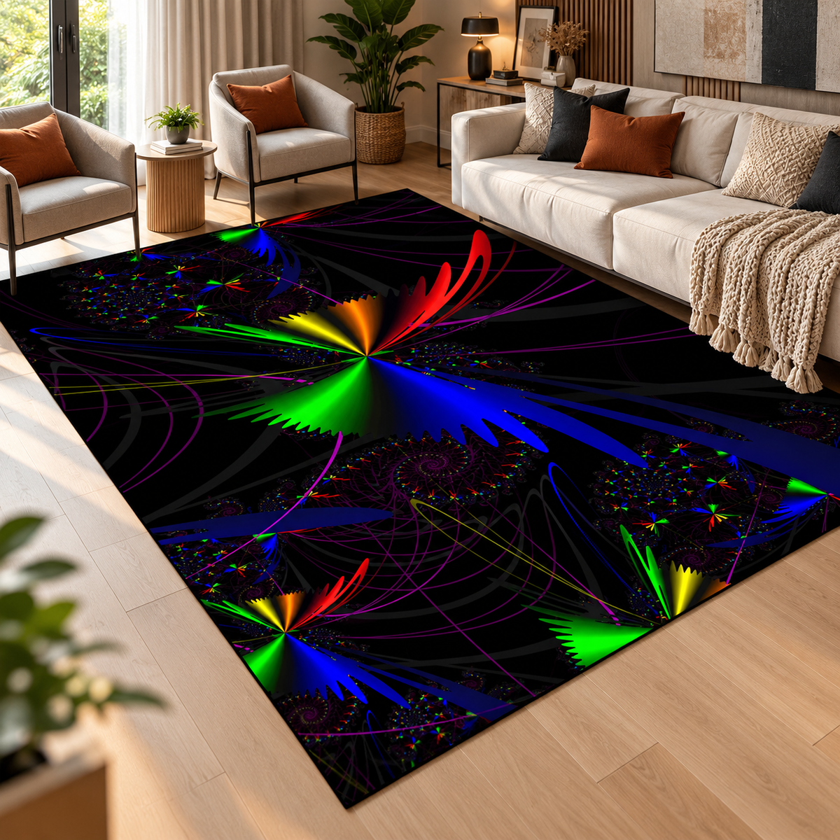 3D Illusion Rug – Neon Geometric Rug for Gaming Rooms, Bedrooms & Playrooms