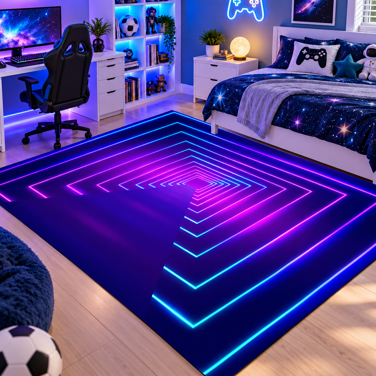 3D Illusion Rug – Neon Geometric Rug for Gaming Rooms, Bedrooms & Playrooms
