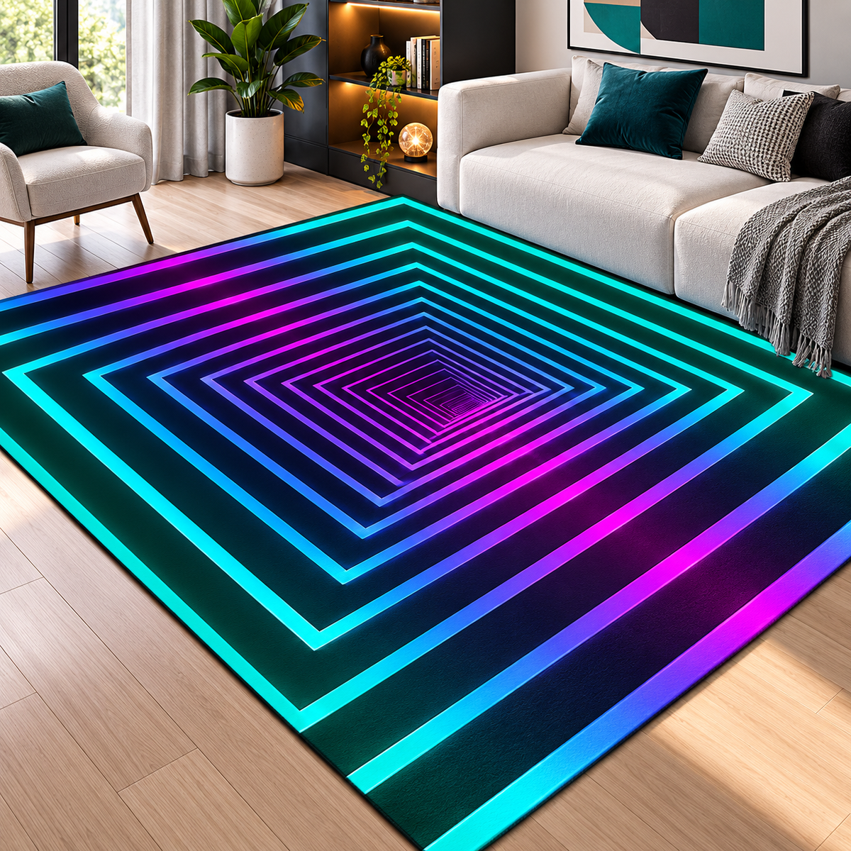 3D Illusion Rug – Neon Geometric Rug for Gaming Rooms, Bedrooms & Playrooms