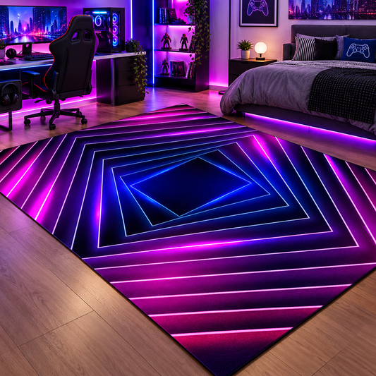 3D Illusion Rug – Neon Geometric Rug for Gaming Rooms, Bedrooms & Playrooms