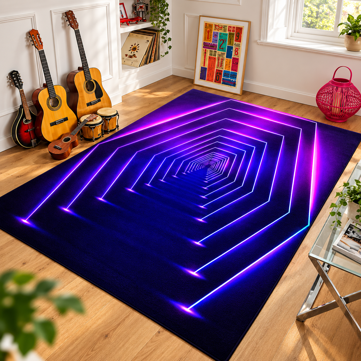3D Illusion Rug – Neon Geometric Rug for Gaming Rooms, Bedrooms & Playrooms